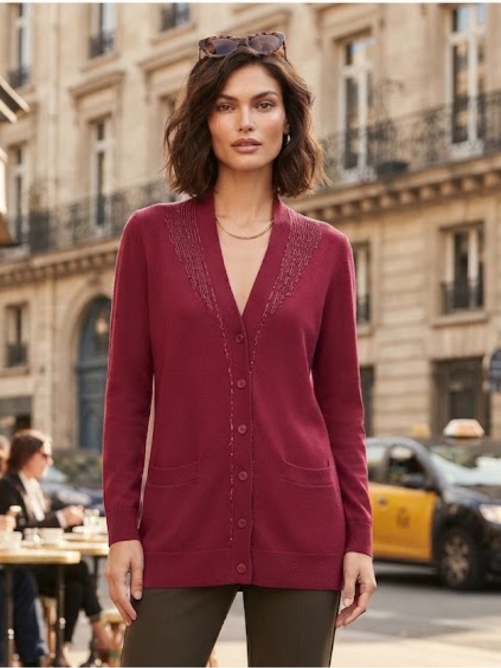 Coldwater Creek Burgundy Cardigan Bead and Ribbon Detail Sweater NWOT